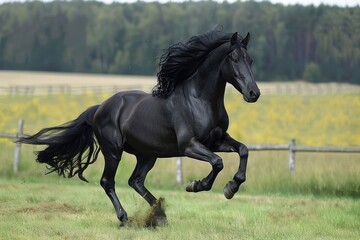 Action Packed Black Dutch Warmblood Galloping with Majestic Mane