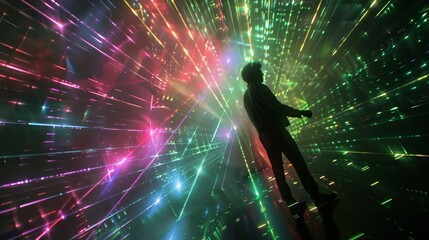 Silhouette of a man in front of a colorful laser background