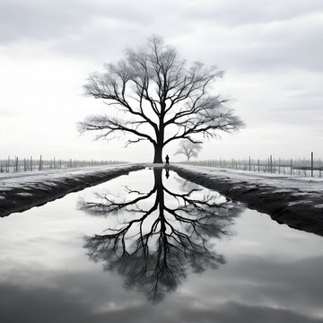 Trees with reflection in the water. Generative AI