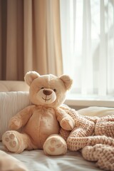 A teddy bear is sitting on a bed with a window in the background