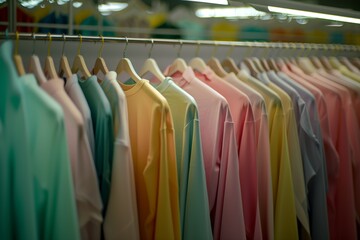 A rack of clothes with a variety of colors including pink, blue, and green
