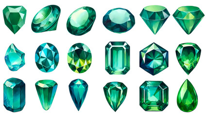 Big set of Emerald gem stone illustration objects, Minimalist, water color, set collection, Bright vibrant Green, 