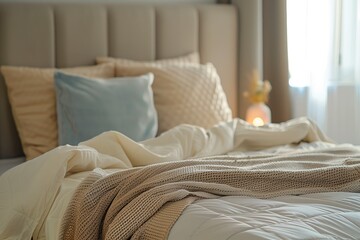 A bed with a white comforter and a brown blanket