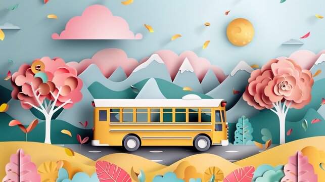 Driving a school bus in a paper art style on a road with a lovely backdrop