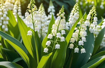 Obraz premium Lily of the valley flower on a green field. A harbinger of spring.