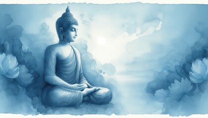 A watercolor portrayal of Buddha meditating, imbued with calming shades of blue
