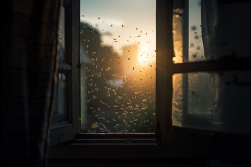 A window with a lot of bugs flying in it