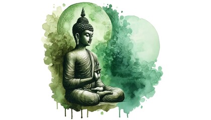 A serene watercolor depiction of Buddha in meditation, bathed in calming green hues