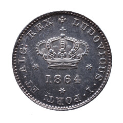 Portuguese silver coin of 50 Reis from the reign of Luiz I. Crown with the year 1864 below