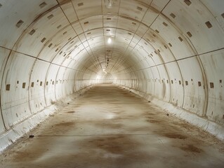 A long tunnel with a lot of holes in it. The tunnel is very dark and empty. The walls are made of concrete and the floor is made of concrete