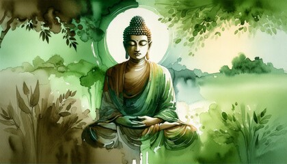 A watercolor depiction of Buddha deep in meditation, immersed in deep green tones, inviting contemplation