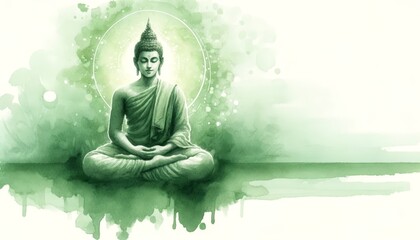 A tranquil watercolor depiction of Buddha meditating, surrounded by soothing green tones