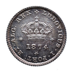 Portuguese silver coin of 50 Reis from the reign of Luiz I. Crown with the year 1874 below
