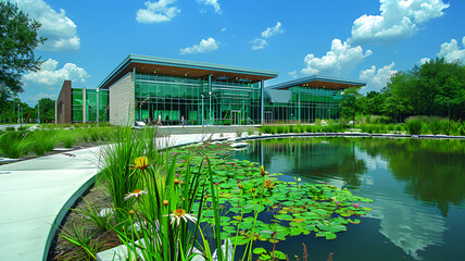 Sustainable Glass Office Building with Integrated Greenery: Eco-Friendly Corporate Architecture.
