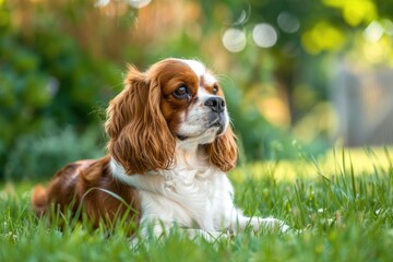 Cavalier King Charles Spaniel Outdoors: Purebred Dog Playing in Grass and Garden Nature Scene - obrazy, fototapety, plakaty