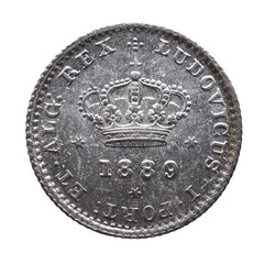 Portuguese silver coin of 50 Reis from the reign of Luiz I. Crown with the year 1889 below