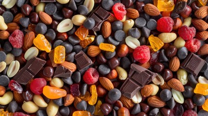 Fototapeta na wymiar Chocolate Nut Trail Mix with Peanuts and Almonds on Colorful Fruit Background