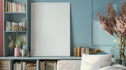 Blank white vertical poster mockup with frame mockup. In the simulation living room The rooms are decorated in a cute style. The book has many beautiful colors. The rooms are decorated in soft pastel 