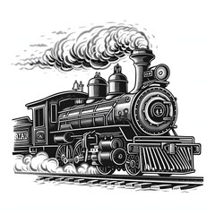 Steam locomotive train in steampunk style sketch engraving generative ai raster illustration. Scratch board imitation. Black and white image.