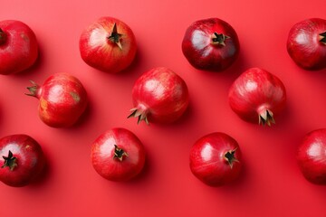 Fresh pomegranate fruit on red background, top view arrangement with space for text, organic...