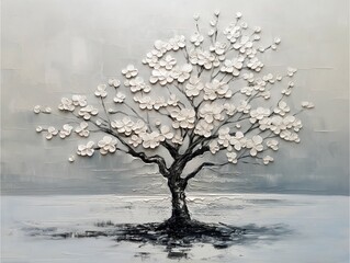 The 0il painting of an elegant tree with white flourish leafy, in the style of abstract expressionism on canvas. The background is a light gray color, for wall art.