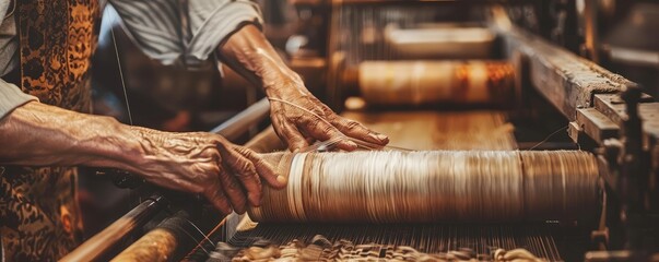Artisan hands skillfully working on a colorful textile on a traditional wooden loom, demonstrating craftsmanship - obrazy, fototapety, plakaty