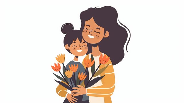 illustration for mother's day, white background, copy space. woman and baby with flowers