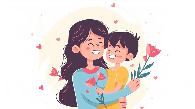 illustration for mother's day, white background, copy space. woman and baby with flowers