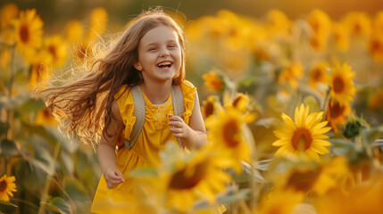 A cute little girl in yellow runs through the field of sunflowers, laughing happily