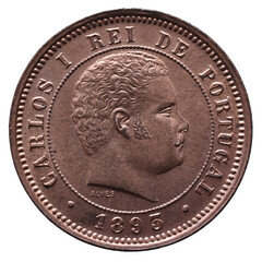 Portrait of King Carlos I of Portugal on a bronze 5 réis coin dated 1893