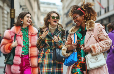 A group of stylish women in fashionable outfits, smiling and laughing as they walk down the street during fashion week with designer handbags on their shoulders.