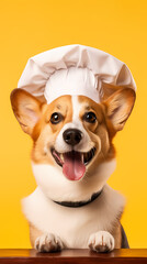 Portrait of happy corgi dog wearing chef hat