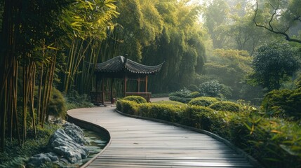 Winding bamboo forest path leads to a traditional Chinese garden. Peaceful mind, Chinese...