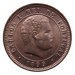 Bronze Portuguese coin with the portrait of King Carlos I and the year 1899