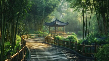 Winding bamboo forest path leads to a traditional Chinese garden. Peaceful mind, Chinese...