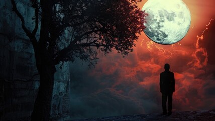 Obraz premium Silhouetted person under full moon on moody, cloudy night with trees