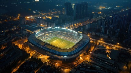 Plakat Beautiful arena football stadium with night city view, Modern architecture.