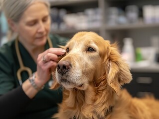 A woman is examining a dog's nose. The dog is brown and has a white nose. The woman is wearing a green shirt