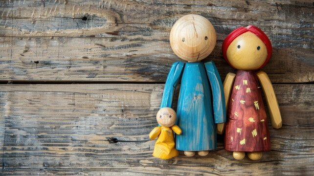 Wooden figurines of family with two parents and child against rustic background