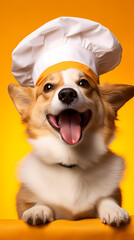 Portrait of happy corgi dog wearing chef hat