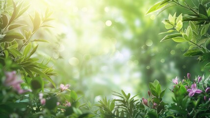 Obraz premium Lush greenery with sun flare and blooming pink flowers