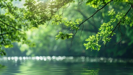 Sunlight filtering through fresh, green leaves over tranquil lake - Powered by Adobe