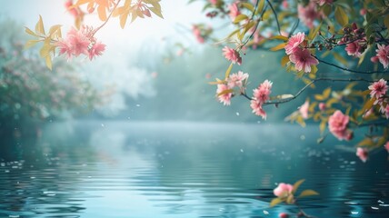 Pink blossoms over tranquil water with misty ambiance