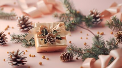 Congratulatory Christmas scene with a golden gift box, ribbon, and fir branches on an isolated pastel background. Top view, with soft studio lighting to highlight details