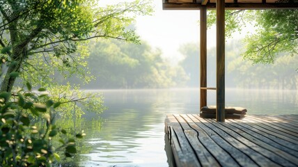 Serene lakeside wooden pier with gentle sunlight and lush foliage - obrazy, fototapety, plakaty