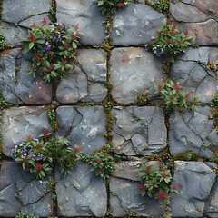 Worn Vintage Stone Floor with Moss and Flower Patterns