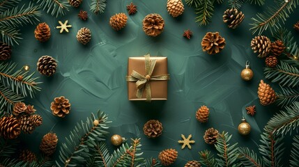 Festive arrangement of Christmas trinkets with a prominent golden gift box, surrounded by fir branches and cones, top view in a studio setting