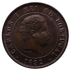 Bronze Portuguese coin with the portrait of King Carlos I and the year 1892