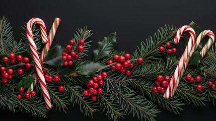 Festive Christmas tabletop display with a focus on candy canes intertwined with lush fir branches, accented by vibrant berries, top view, isolated on a stark black background