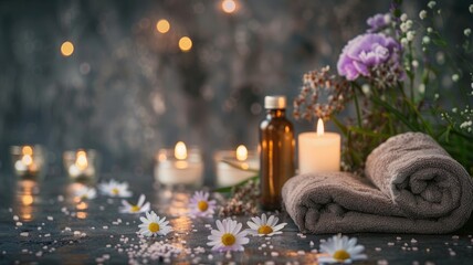 Serene spa setting with flowers, candles, and essential oils - obrazy, fototapety, plakaty